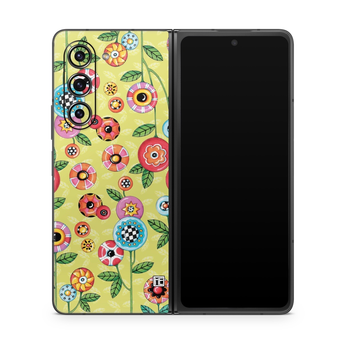 Samsung Galaxy Z Fold5 Skin design of Wrapping paper, Pattern, Textile, Design, Visual arts, Wildflower, Art, Plant, Child art, Flower, with green, blue, red, yellow, orange, pink colors
