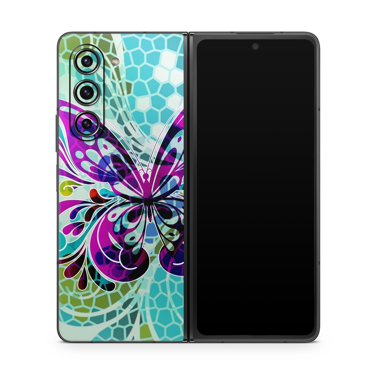 Samsung Galaxy Z Fold5 Skin design of Butterfly, Pattern, Insect, Moths and butterflies, Purple, Graphic design, Design, Pollinator, Visual arts, Magenta, with blue, green, purple colors