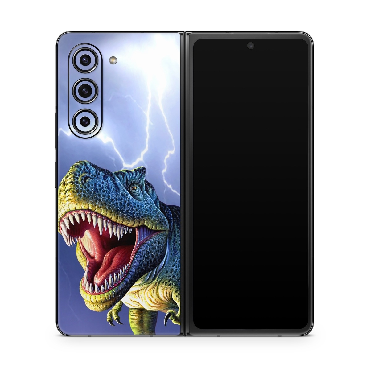 Samsung Galaxy Z Fold5 Skin design of Dinosaur, Extinction, Tyrannosaurus, Velociraptor, Tooth, Jaw, Organism, Mouth, Fictional character, Art, with blue, green, yellow, orange, red colors