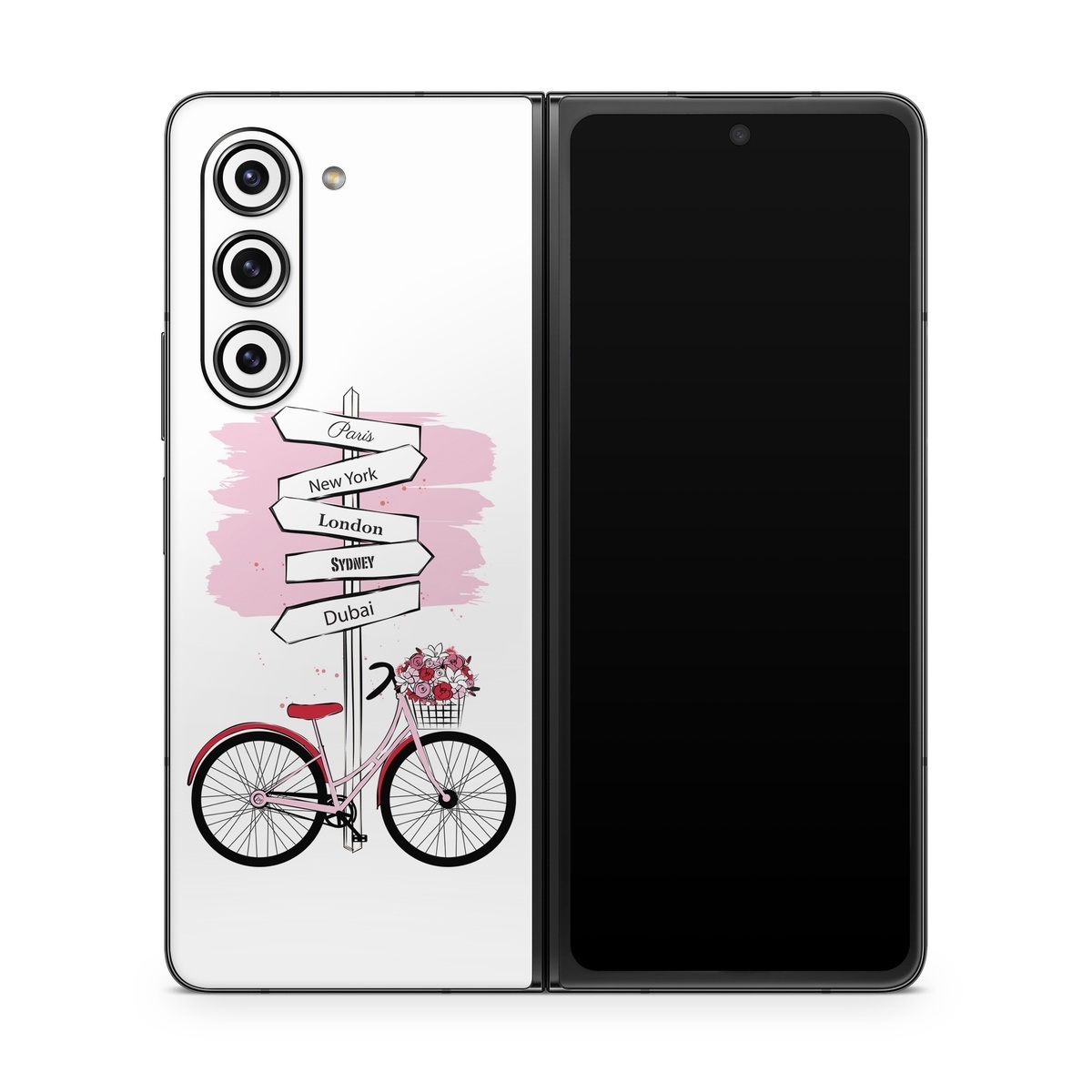 Samsung Galaxy Z Fold5 Skin design of Bicycle, Wheel, Bicycles--Equipment and supplies, Tire, Bicycle tire, Bicycle frame, Bicycle wheel, Bicycle wheel rim, Vehicle, Bicycle fork, with white, black, red, pink colors