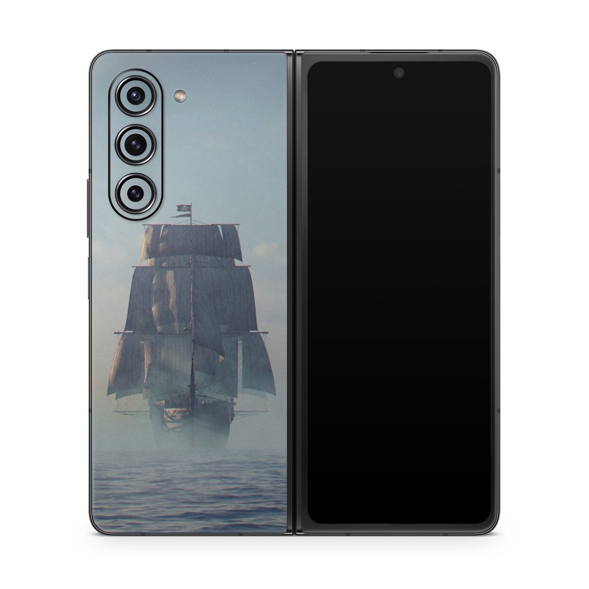 Samsung Galaxy Z Fold5 Skin design of Atmospheric phenomenon, Vehicle, Mode of transport, Watercraft, Ship, Sea, with white, blue, black, gray colors