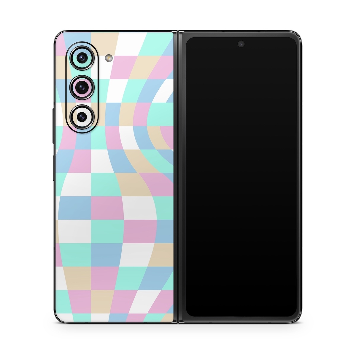 Samsung Galaxy Z Fold5 Skin design of Azure, Textile, Rectangle, Art, Pink, Painting, Aqua, Font, Magenta, Material property, with white, blue, pink colors