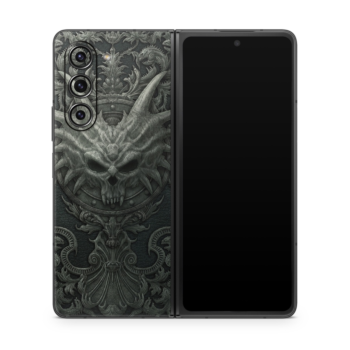 Samsung Galaxy Z Fold5 Skin design of Demon, Dragon, Fictional character, Illustration, Supernatural creature, Drawing, Symmetry, Art, Mythology, Mythical creature, with black, gray colors
