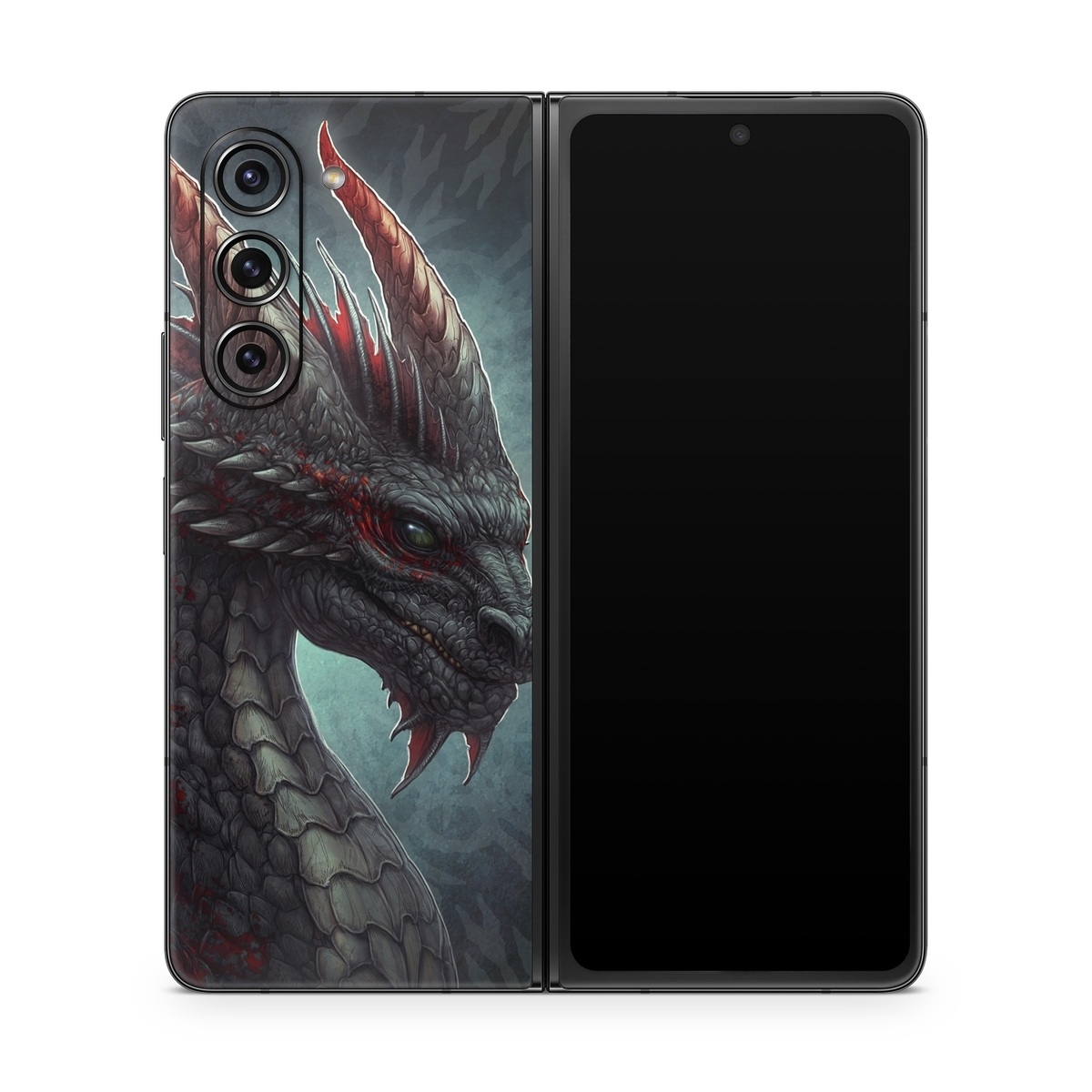 Samsung Galaxy Z Fold5 Skin design of Dragon, Fictional character, Mythical creature, Demon, Cg artwork, Illustration, Green dragon, Supernatural creature, Cryptid, with red, gray, blue colors