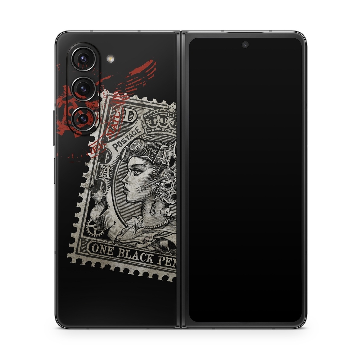 Samsung Galaxy Z Fold5 Skin design of Font, Postage stamp, Illustration, Drawing, Art, with black, gray, red colors
