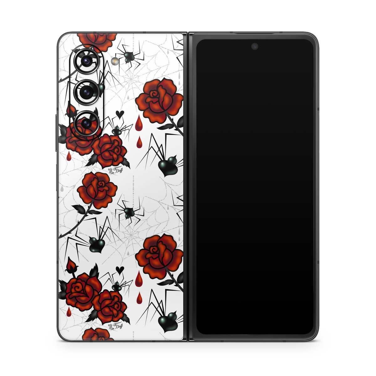 Samsung Galaxy Z Fold5 Skin design of Red, Pattern, Flower, Plant, Design, Floral design, Petal, Coquelicot, Wildflower, Rose, with black, white, red colors