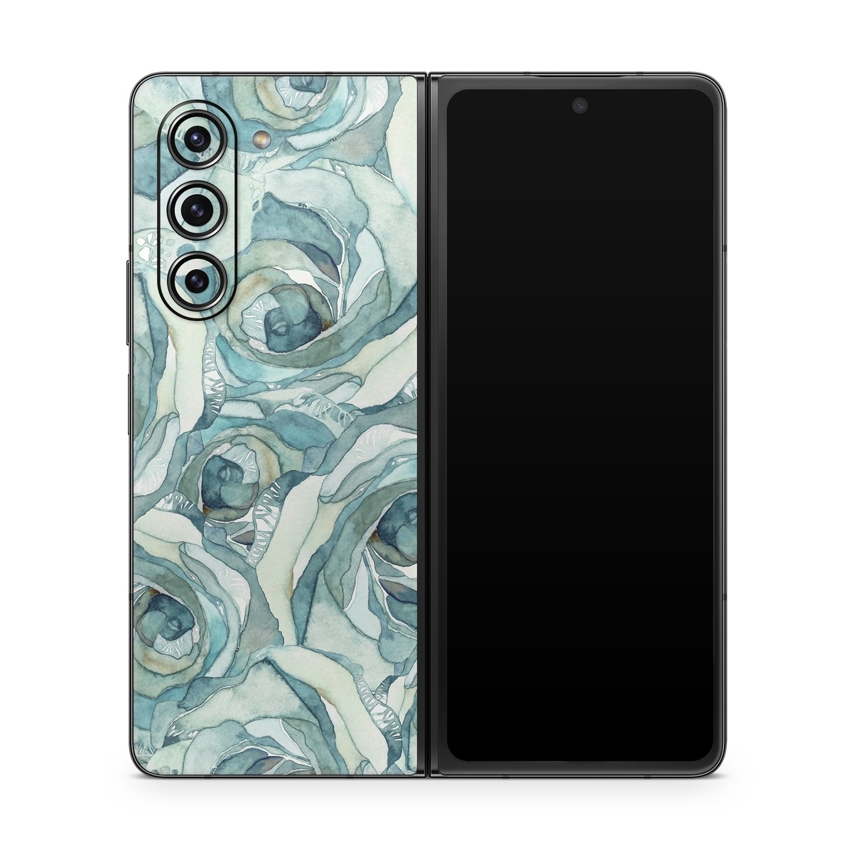 Samsung Galaxy Z Fold5 Skin design of Rose, Garden roses, Blue, Flower, Rose family, Watercolor paint, Plant, Pattern, Rosa × centifolia, Blue rose, with blue, green colors