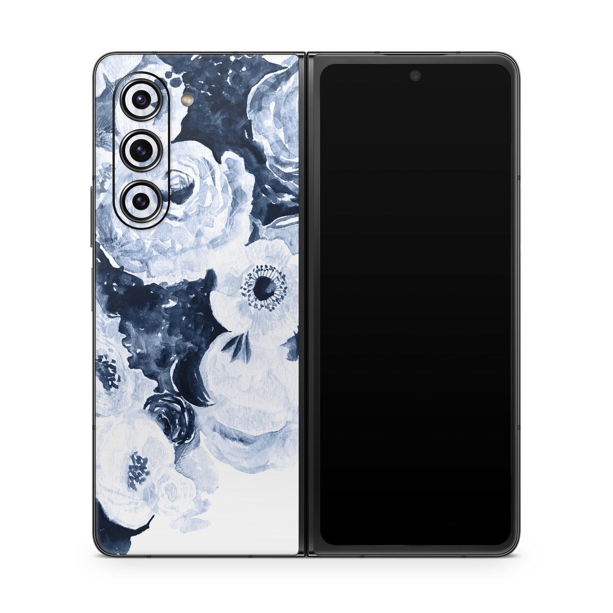Samsung Galaxy Z Fold5 Skin design of White, Flower, Cut flowers, Garden roses, Plant, Bouquet, Rose, Black-and-white, Rose family, Still life, with white, blue colors