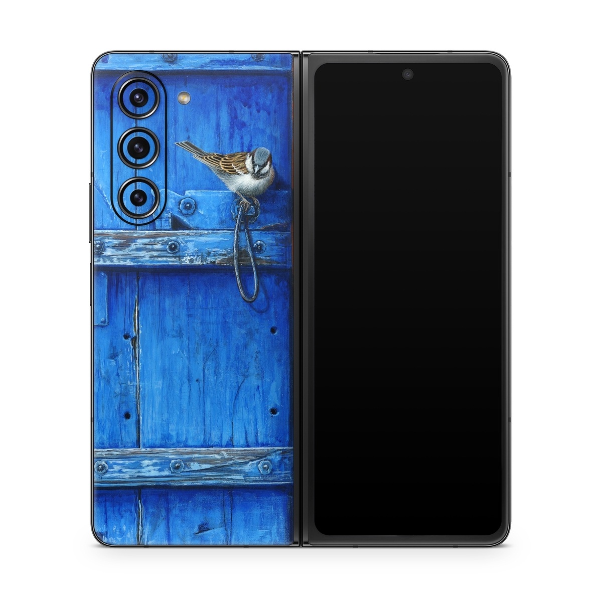 Samsung Galaxy Z Fold5 Skin design of Blue, Wood, Door handle, Door, Wall, Door knocker, Electric blue, Still life photography, Window, Handle, with red, blue, brown colors
