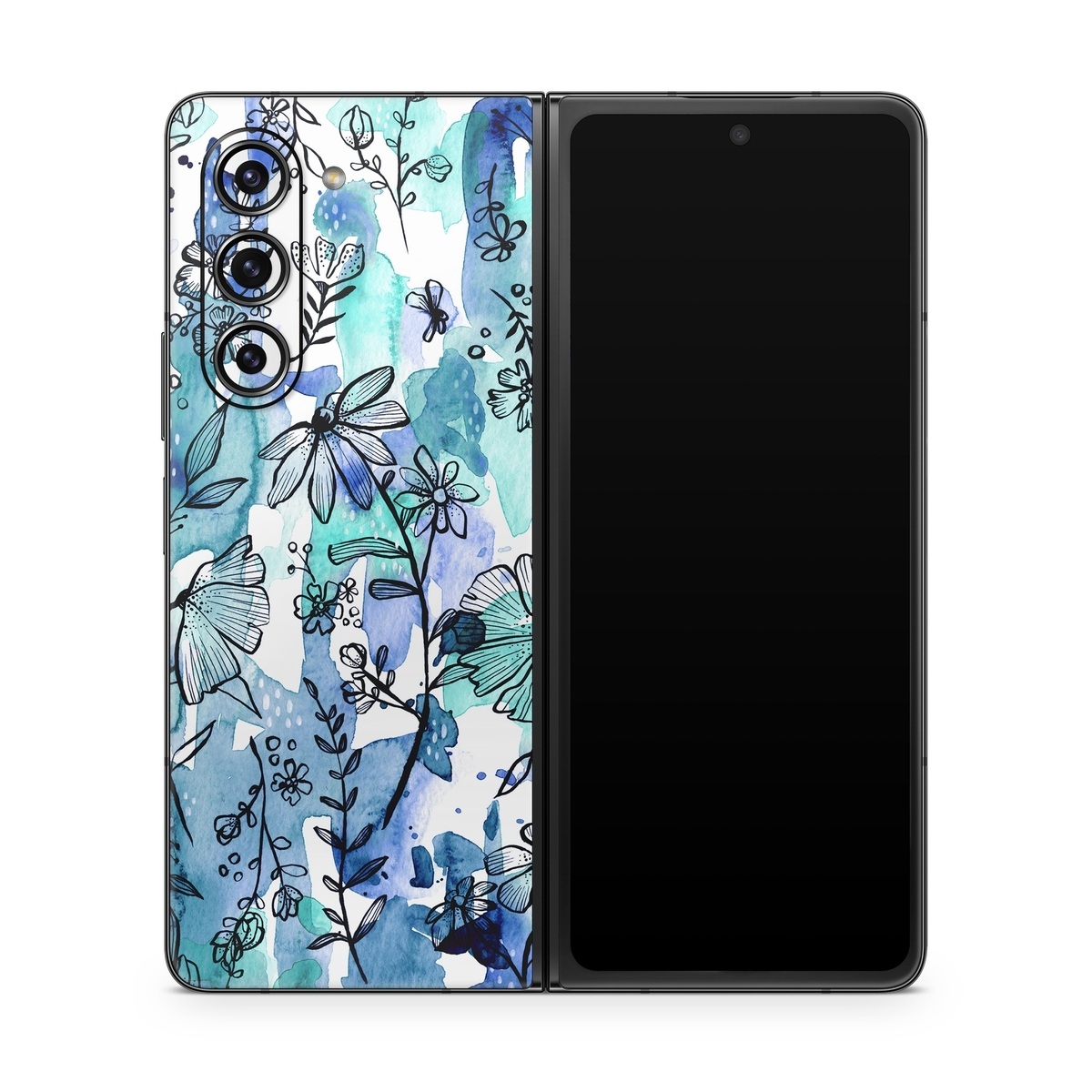 Samsung Galaxy Z Fold5 Skin design of Blue, Pattern, Turquoise, Aqua, Design, Textile, Wildflower, Plant, Wrapping paper, Gift wrapping, with blue, white, black, purple colors