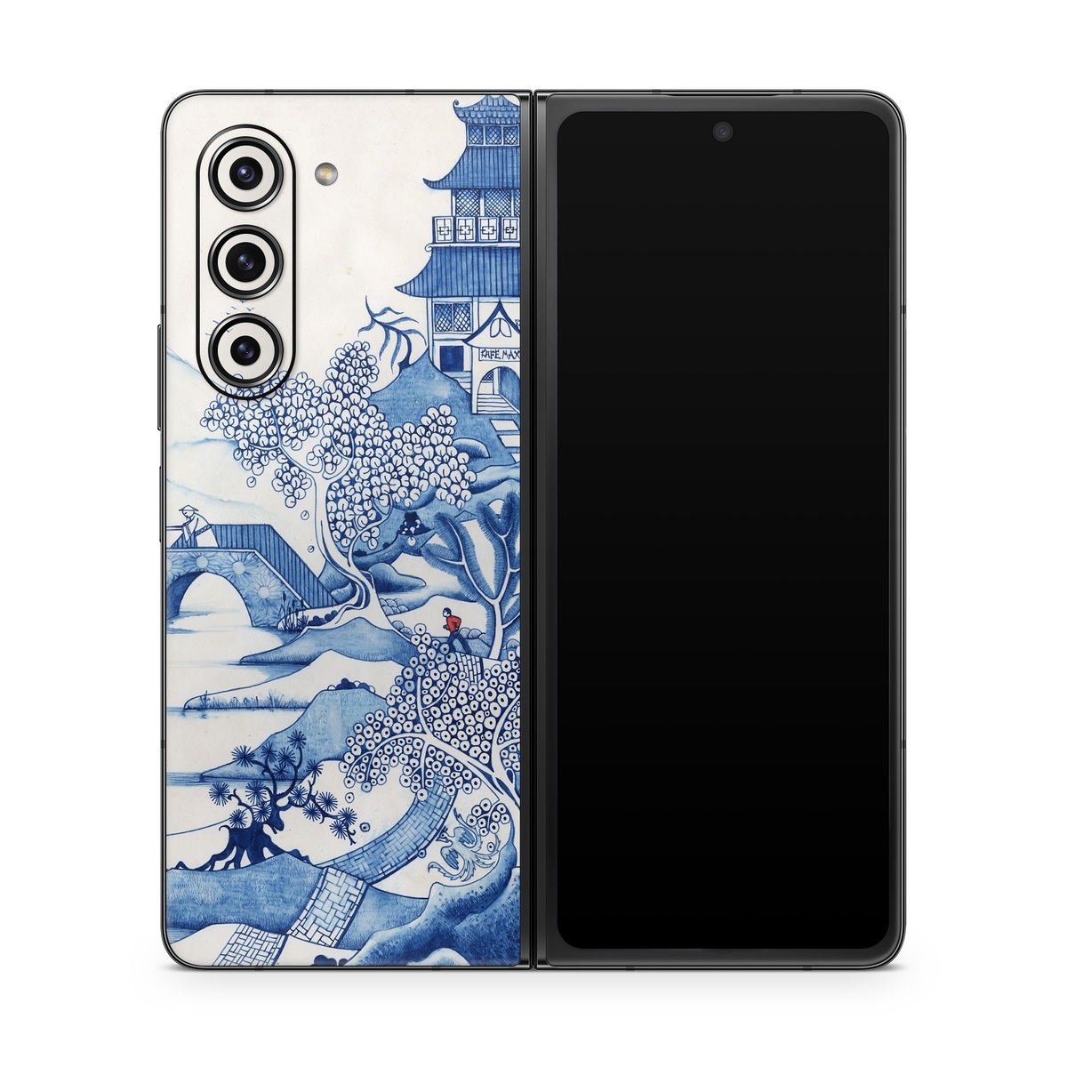 Samsung Galaxy Z Fold5 Skin design of Blue, Blue and white porcelain, Winter, Christmas eve, Illustration, Snow, World, Art, with blue, white colors