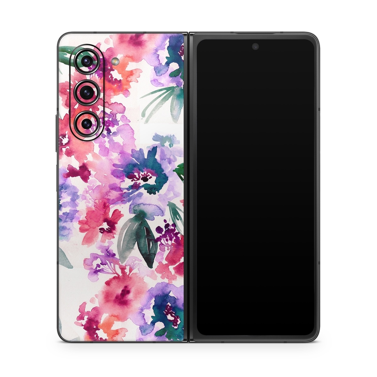 Samsung Galaxy Z Fold5 Skin design of Purple, Pattern, Pink, Lilac, Violet, Flower, Watercolor paint, Floral design, Plant, Design, with green, pink, red, purple, white colors