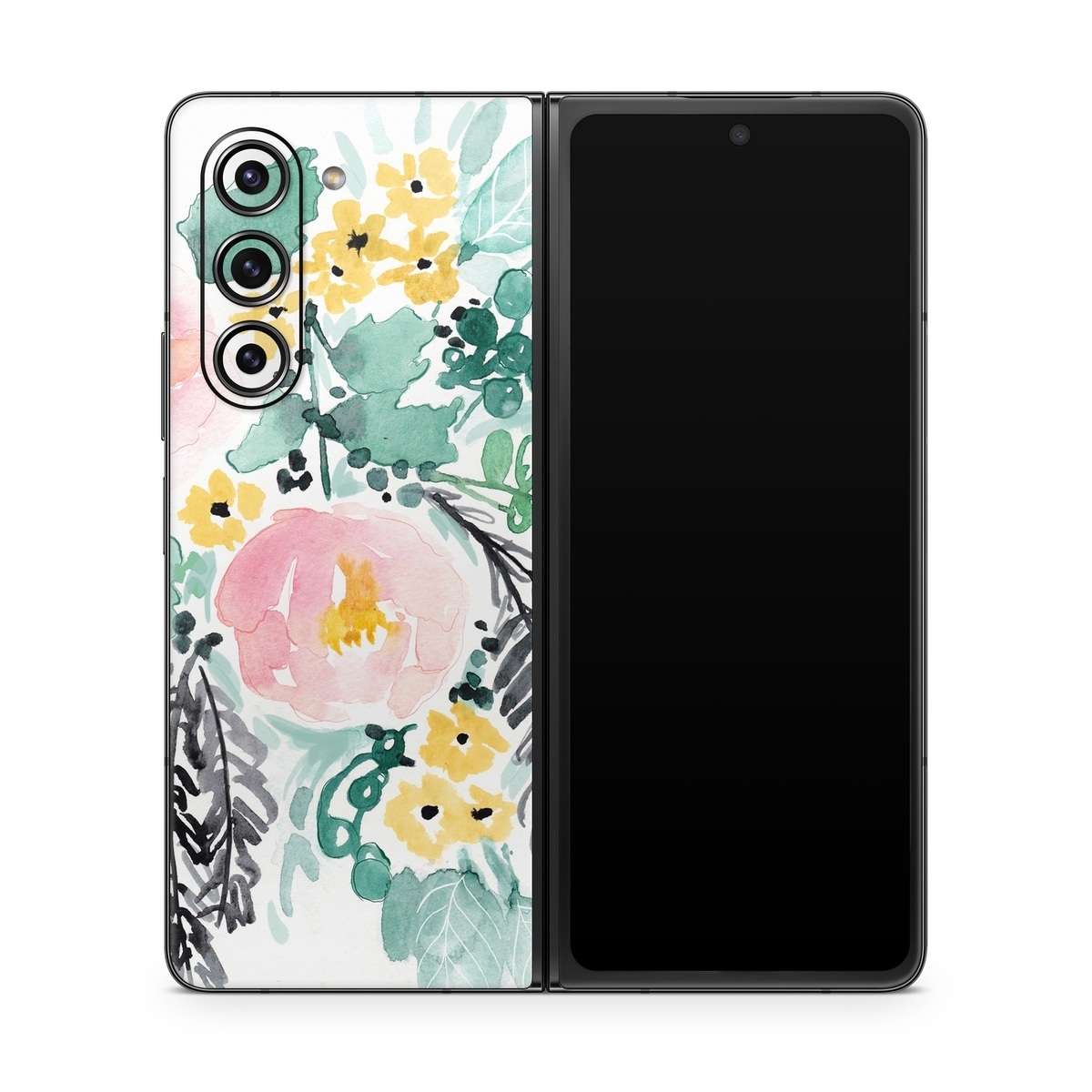 Samsung Galaxy Z Fold5 Skin design of Branch, Clip art, Watercolor paint, Flower, Leaf, Botany, Plant, Illustration, Design, Graphics, with green, pink, red, orange, yellow colors
