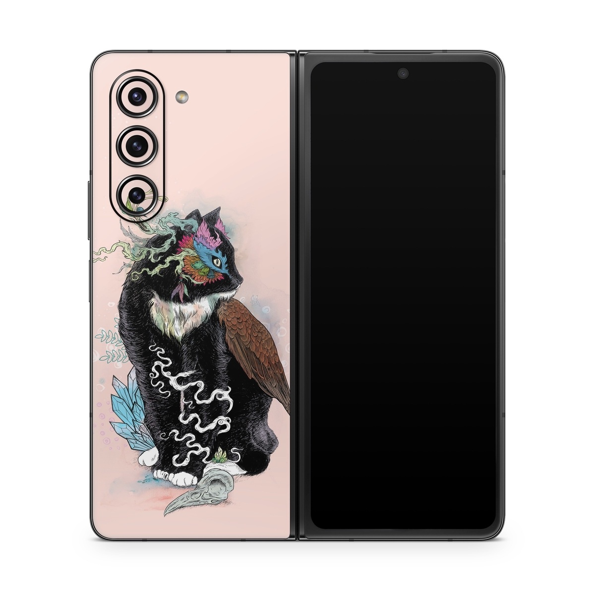 Samsung Galaxy Z Fold5 Skin design of Illustration, Owl, Art, Graphic design, Cat, Tail, with pink, black, brown, red, green colors