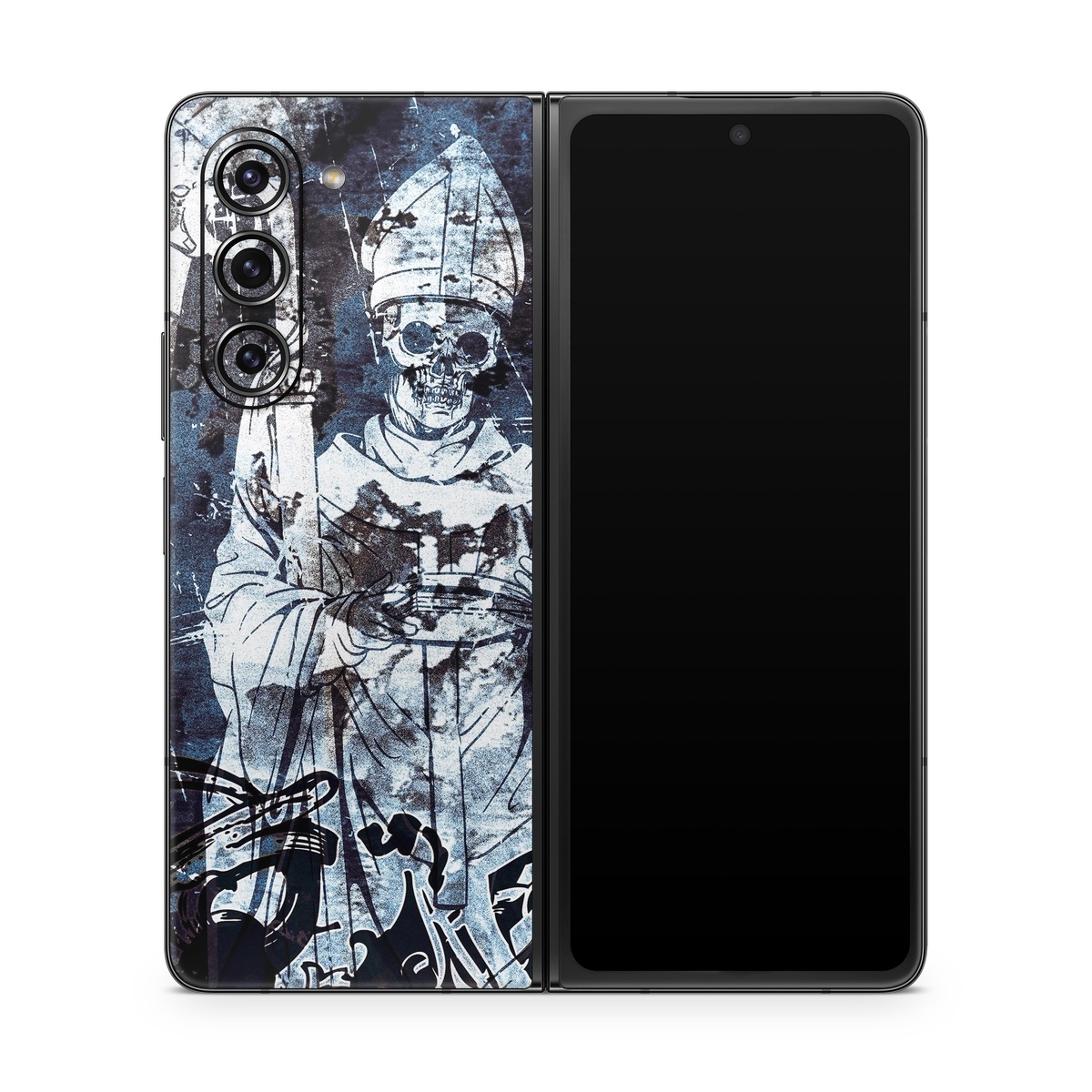 Samsung Galaxy Z Fold5 Skin design of Illustration, Art, Monochrome, Visual arts, Drawing, Black-and-white, Graphic design, Fictional character, Fiction, Sketch, with white, black, blue, gray colors