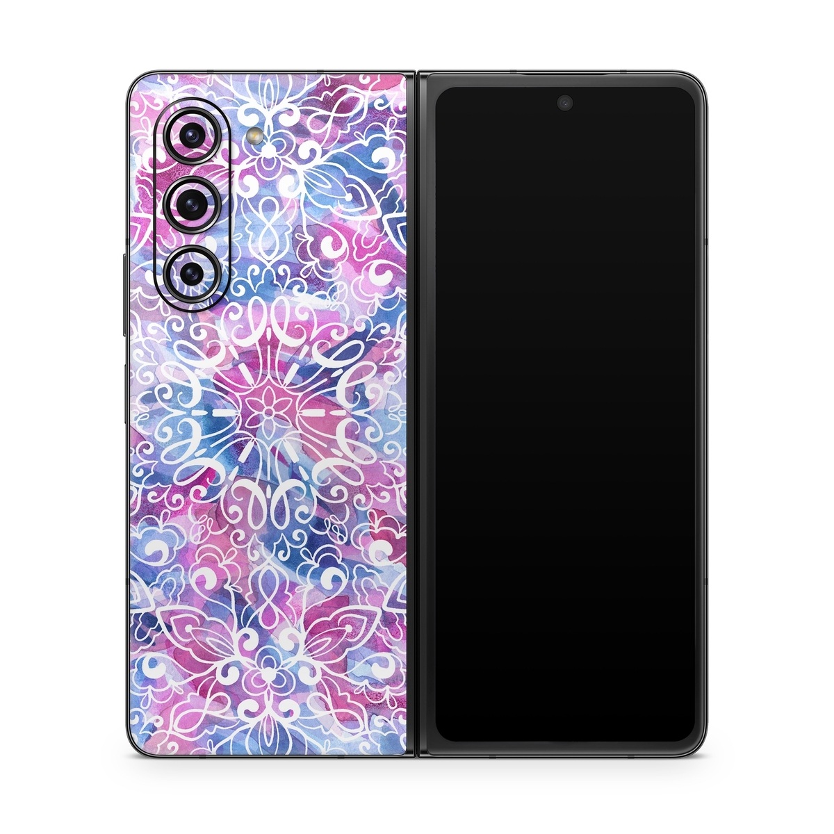 Samsung Galaxy Z Fold5 Skin design of Pattern, Pink, Lilac, Design, Textile, Visual arts, Motif, Floral design, Plant, with blue, pink, purple, white colors