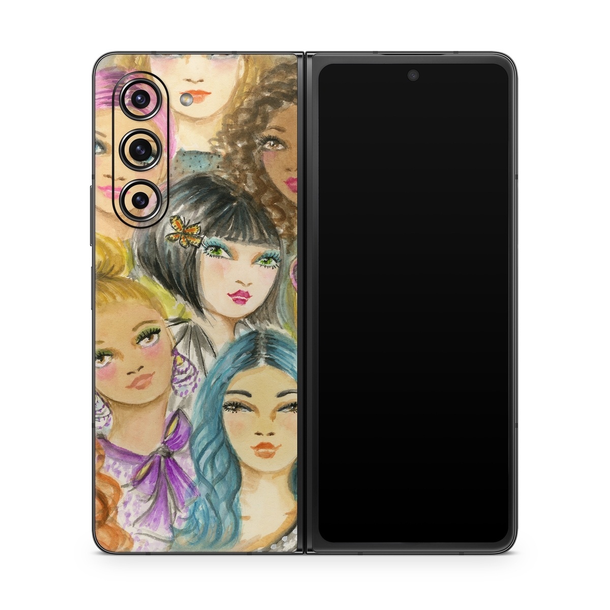 Samsung Galaxy Z Fold5 Skin design of Face, Hair, Head, Art, Hair coloring, Cheek, Illustration, Human, Watercolor paint, Brown hair, with white, black, brown, yellow, purple, blue, pink colors