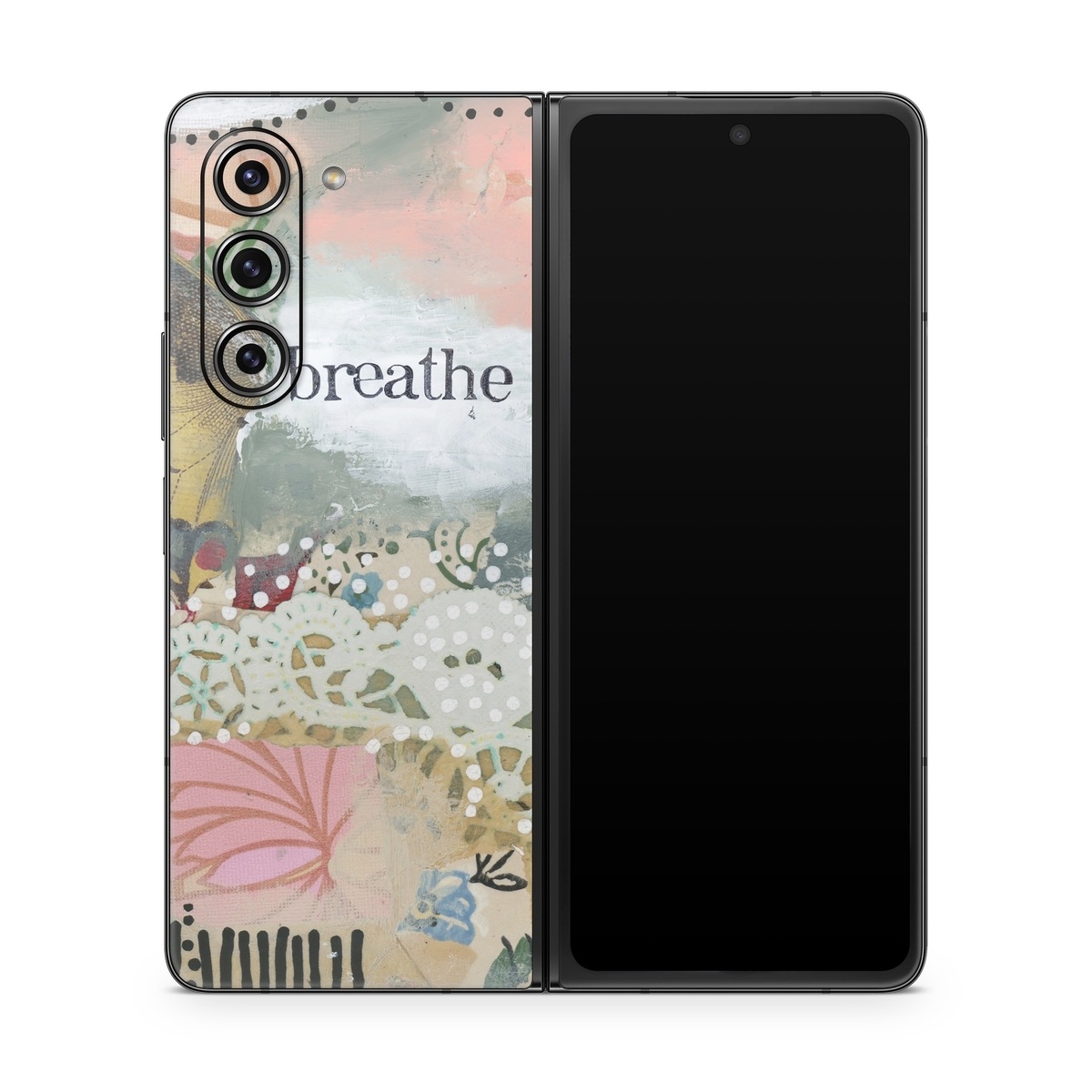 Samsung Galaxy Z Fold5 Skin design of Butterfly, Moths and butterflies, Insect, Pollinator, Organism, Illustration, Brush-footed butterfly, Art, Fictional character, Wildflower, with pink, brown, white, black, red, blue, green colors