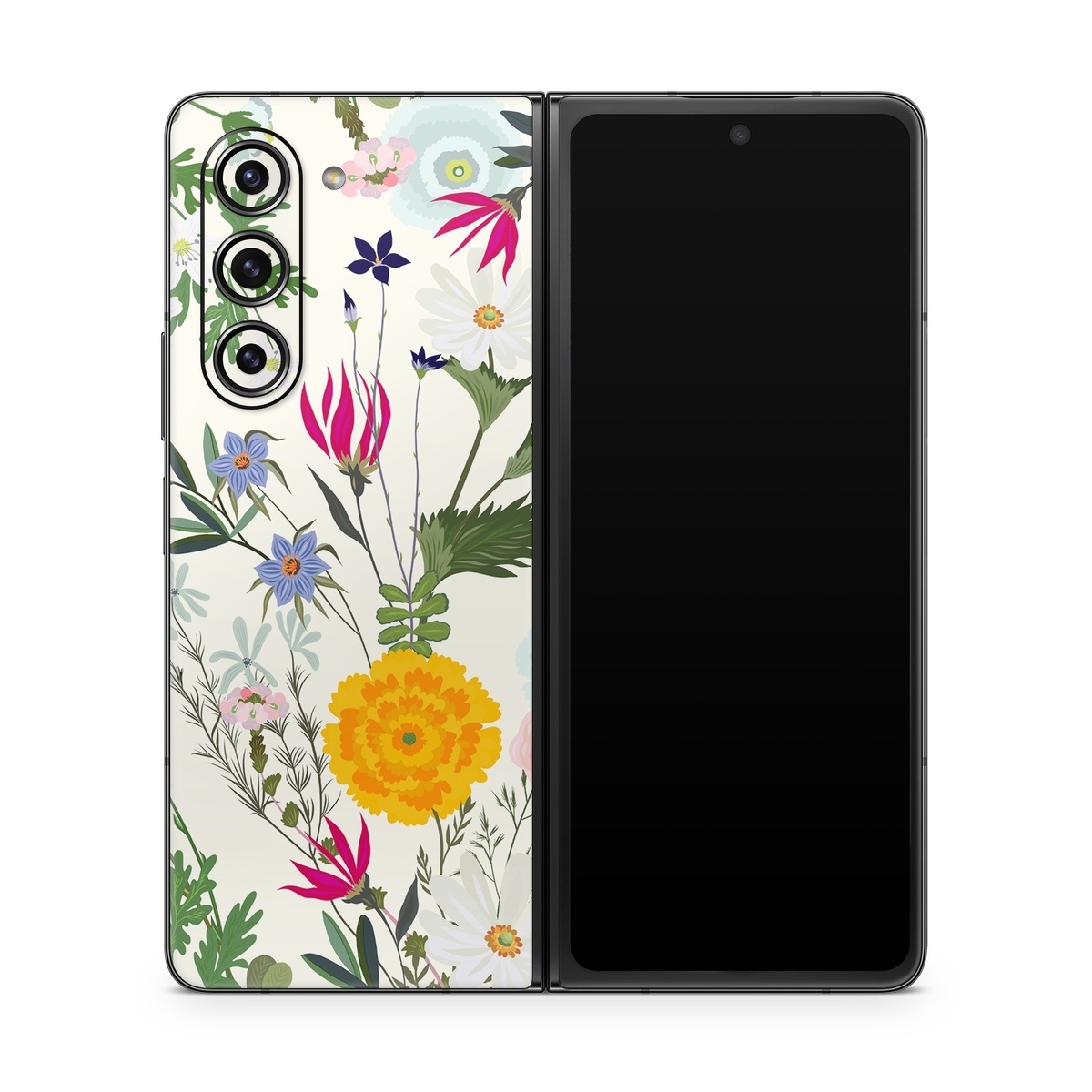 Samsung Galaxy Z Fold5 Skin design of Flower, Wildflower, chamomile, Floral design, Plant, camomile, Botany, Clip art, Cut flowers, Daisy, with white, green, pink, orange, yellow, red colors