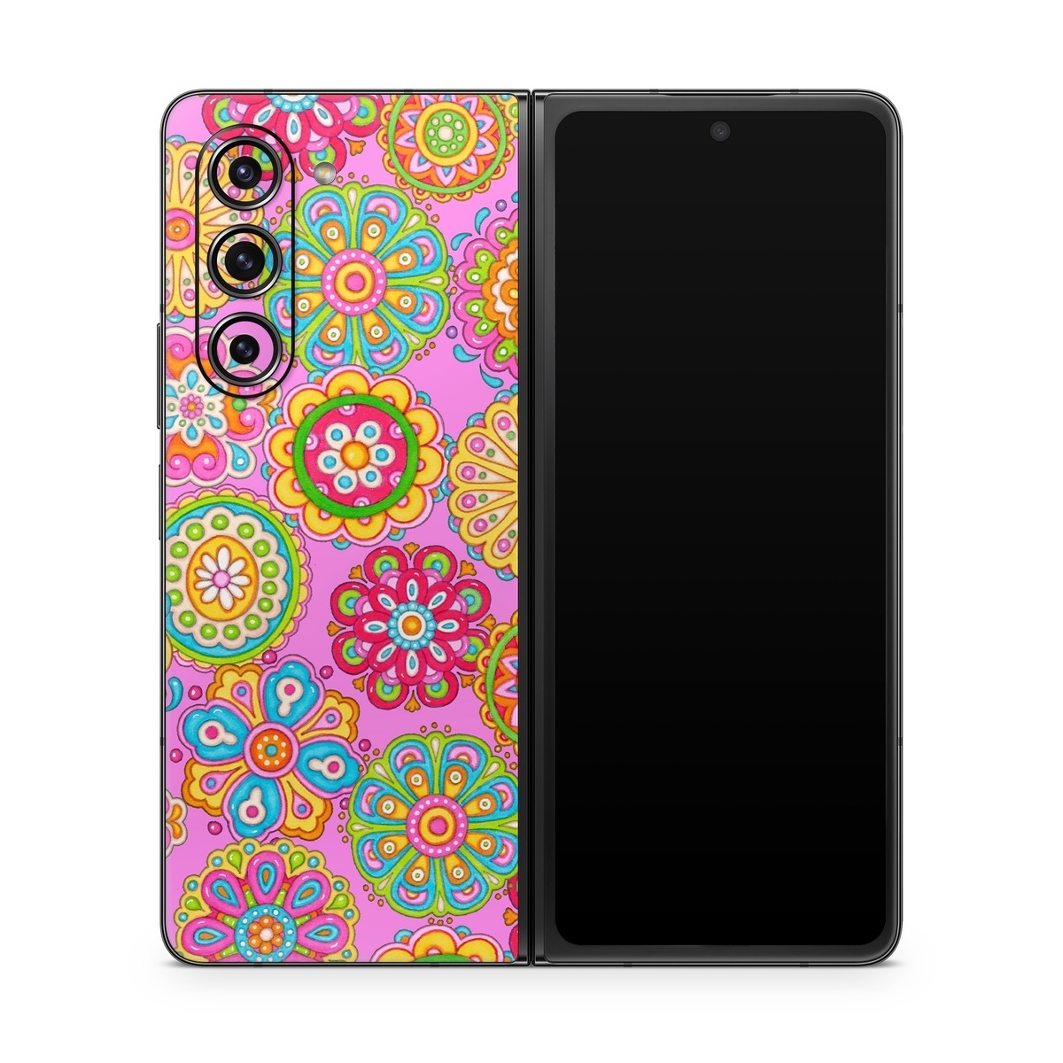 Samsung Galaxy Z Fold5 Skin design of Pattern, Design, Textile, Visual arts, Wrapping paper, Motif, Pedicel, with pink, red, orange, yellow, green, blue, purple colors