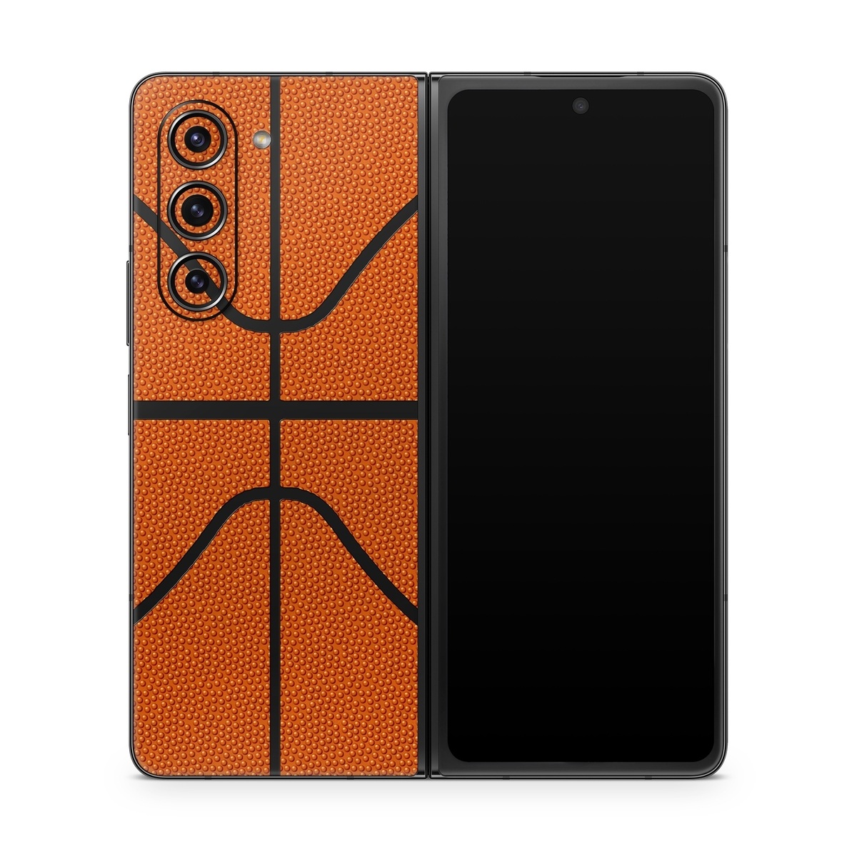Samsung Galaxy Z Fold5 Skin design of Orange, Basketball, Line, Pattern, Sport venue, Brown, Yellow, Design, Net, Team sport, with orange, black colors