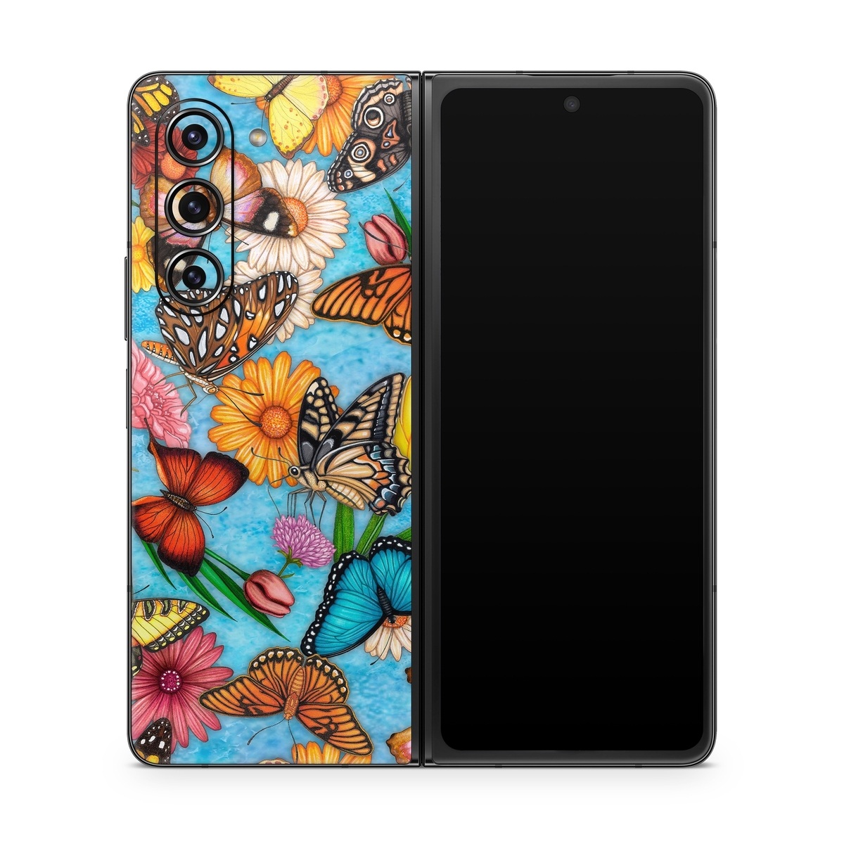 Samsung Galaxy Z Fold5 Skin design of Cynthia (subgenus), Butterfly, Monarch butterfly, Moths and butterflies, Brush-footed butterfly, Pollinator, Insect, Pattern, Design, Organism, with blue, pink, orange, yellow, red colors