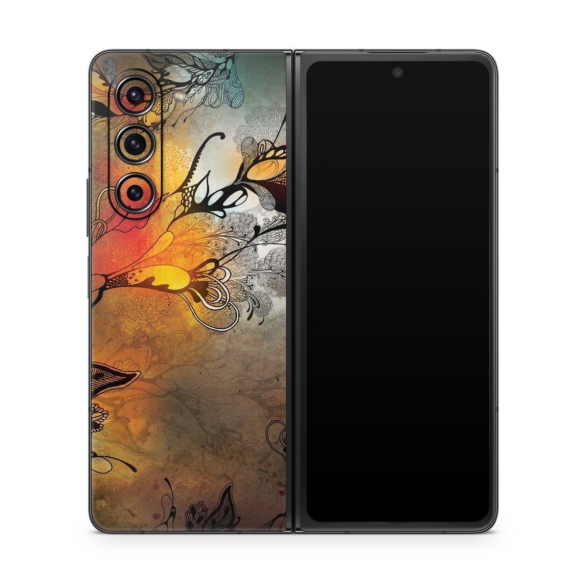 Samsung Galaxy Z Fold5 Skin design of Yellow, Orange, Art, Branch, Leaf, Graphic design, Visual arts, Pattern, Design, Modern art, with black, red, orange, yellow colors
