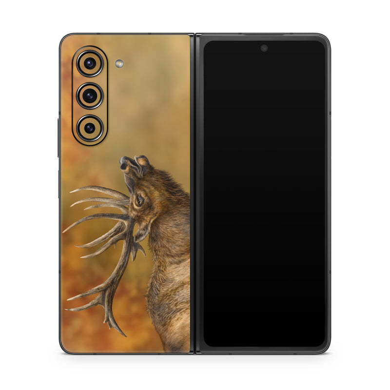 Samsung Galaxy Z Fold5 Skin design of Head, Deer, Natural material, Barren ground Caribou, Fawn, Terrestrial animal, Horn, Elk, Snout, Reindeer, with brown, black, orange, yellow, gray colors