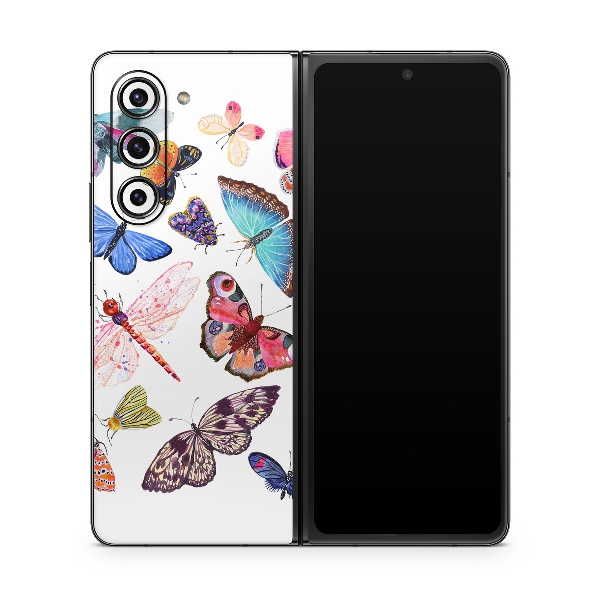 Samsung Galaxy Z Fold5 Skin design of Butterfly, Pollinator, Insect, Arthropod, Organism, Moths and butterflies, Art, Symmetry, Wing, Illustration, with white, blue, green, red, yellow, orange, pink, brown, purple colors
