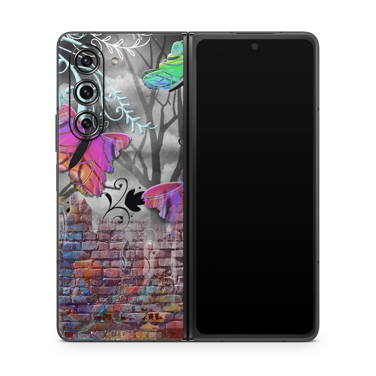Samsung Galaxy Z Fold5 Skin design of Purple, Graphic design, Art, Pattern, Graffiti, Organism, Street art, Wall, Font, Illustration, with red, black, gray, purple, orange, blue, green colors