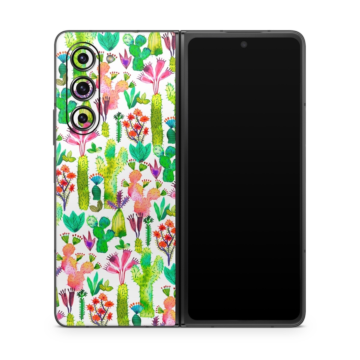 Samsung Galaxy Z Fold5 Skin design of Pattern, Floral design, Plant, Wildflower, Wrapping paper, with white, green, red, purple, pink, black colors