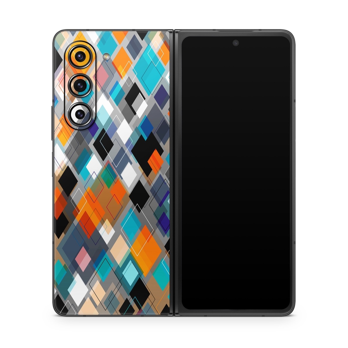 Samsung Galaxy Z Fold5 Skin design of Pattern, Line, Design, Colorfulness, Plaid, Tints and shades, Textile, Symmetry, Square, with black, blue, red, orange, white colors