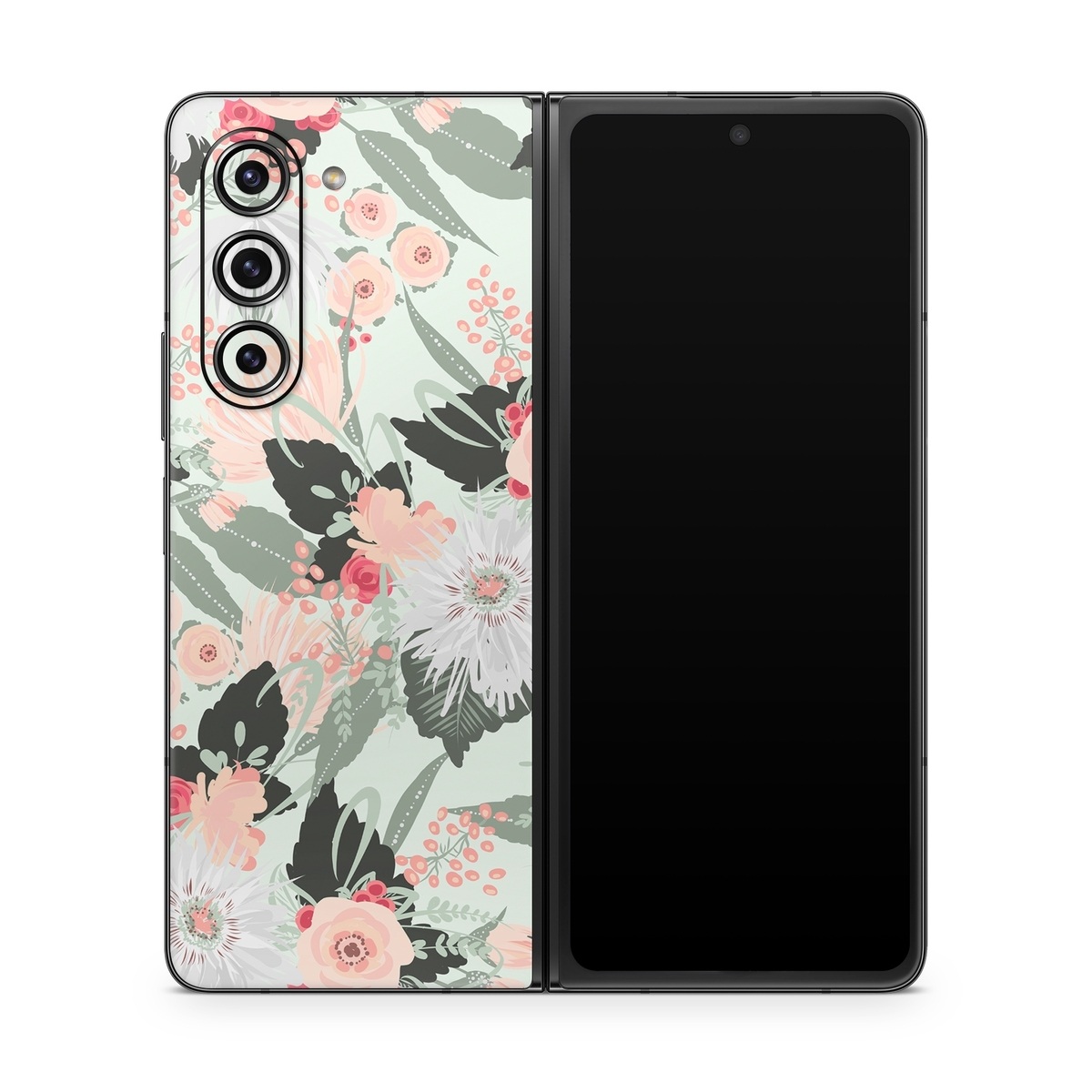 Samsung Galaxy Z Fold5 Skin design of Pattern, Pink, Floral design, Design, Textile, Wrapping paper, Plant, Peach, Flower, with green, red, white, pink colors