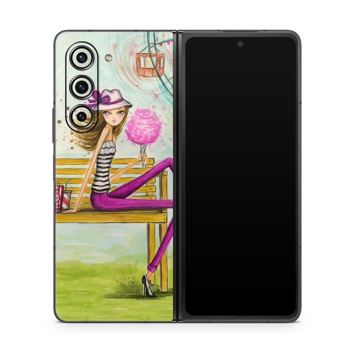 Samsung Galaxy Z Fold5 Skin design of Illustration, Fashion illustration, Art, Sitting, Watercolor paint, Plant, Graphic design, Style, Painting, with green, yellow, blue, pink, purple, black, white, orange colors