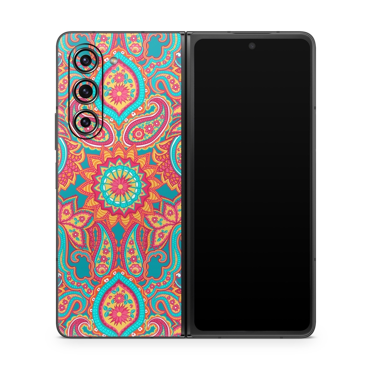 Samsung Galaxy Z Fold5 Skin design of Pattern, Paisley, Motif, Visual arts, Design, Art, Textile, Psychedelic art, with orange, yellow, blue, red colors