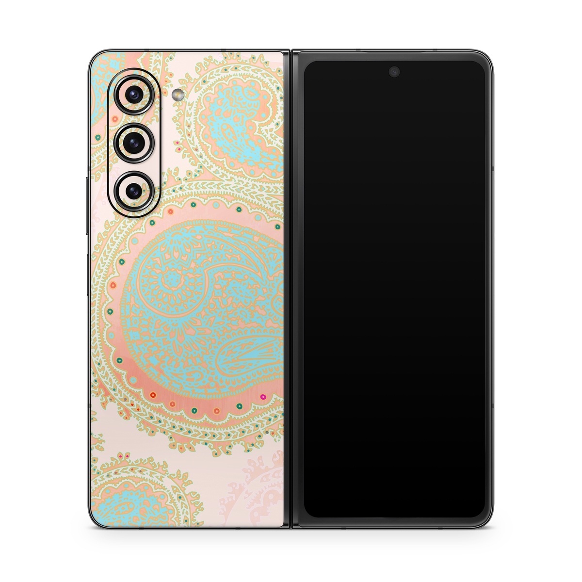 Samsung Galaxy Z Fold5 Skin design of Pattern, Visual arts, Paisley, Pink, Design, Motif, Line, Wallpaper, Peach, with pink, blue, red colors