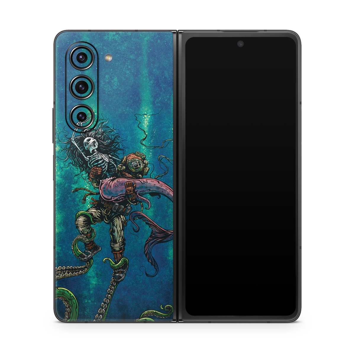 Samsung Galaxy Z Fold5 Skin design of Water, Fluid, Underwater, Marine invertebrates, Marine biology, Electric blue, Liquid, Recreation, Underwater diving, Art, with blue, green, orange, purple, pink, black, white, gray colors
