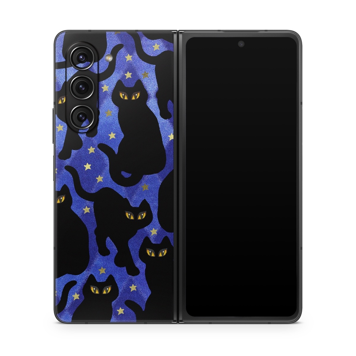 Samsung Galaxy Z Fold5 Skin design of Black cat, Black, Cat, Small to medium-sized cats, Pattern, Felidae, Design, Electric blue, Illustration, Art, with black, blue, purple, yellow colors