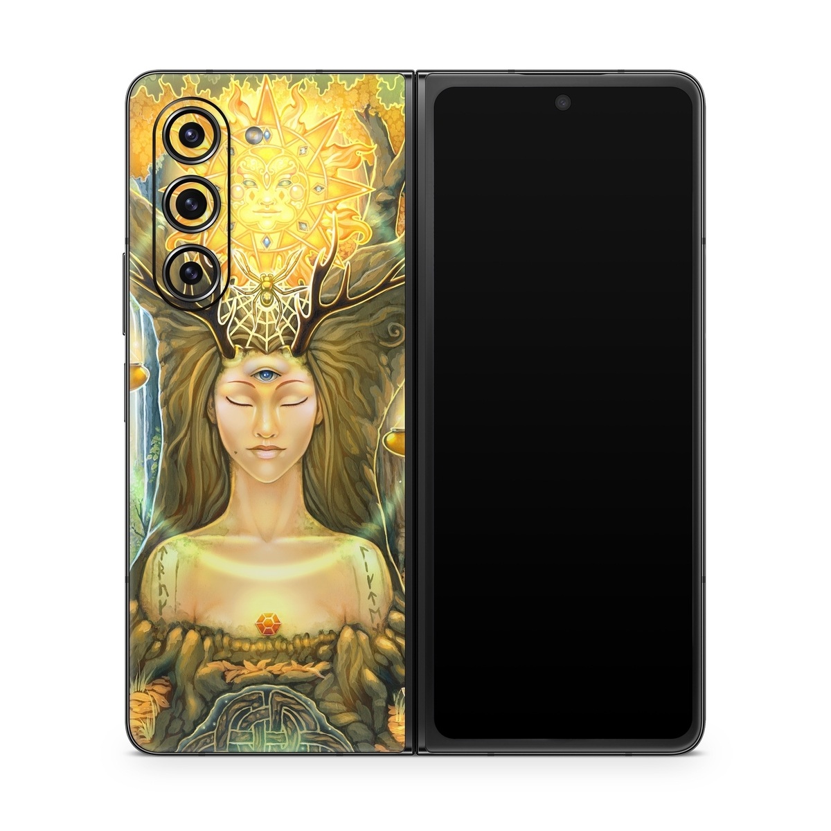 Samsung Galaxy Z Fold5 Skin design of Painting, Art, Illustration, Plant, Fictional character, Mythology, Cg artwork, Visual arts, Glass, Drawing, with yellow, green, brown, pink, orange, black colors