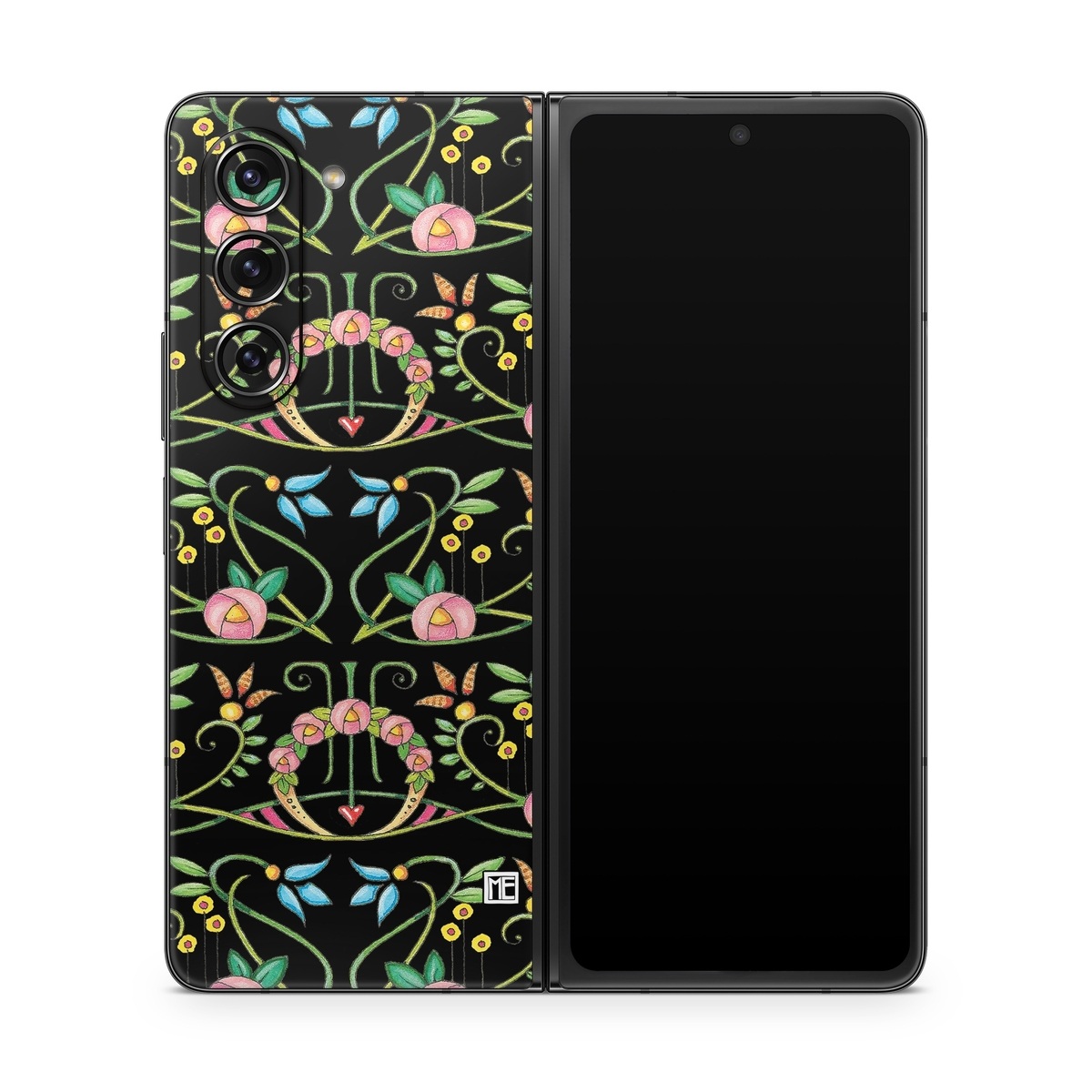 Samsung Galaxy Z Fold5 Skin design of Flower, Rectangle, Textile, Ornament, Plant, Line, Motif, Creative arts, Art, Pattern, with black, pink, blue, green, yellow colors