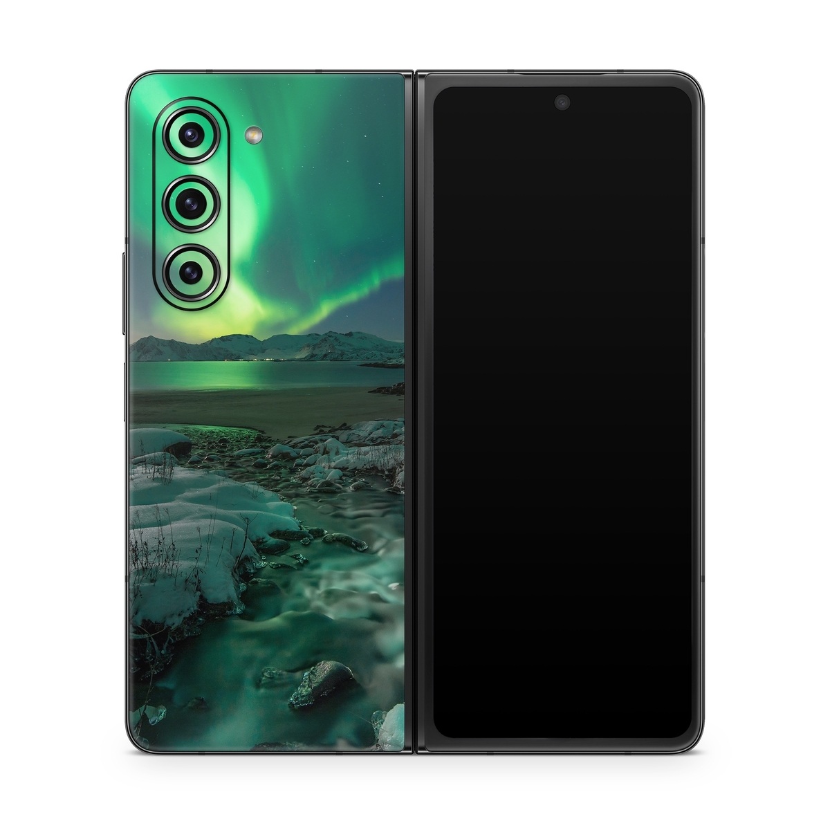 Samsung Galaxy Z Fold5 Skin design of Nature, Aurora, Sky, Geological phenomenon, Water, Atmosphere, Space, Landscape, World, Glacier, with white, green, blue, black, gray colors