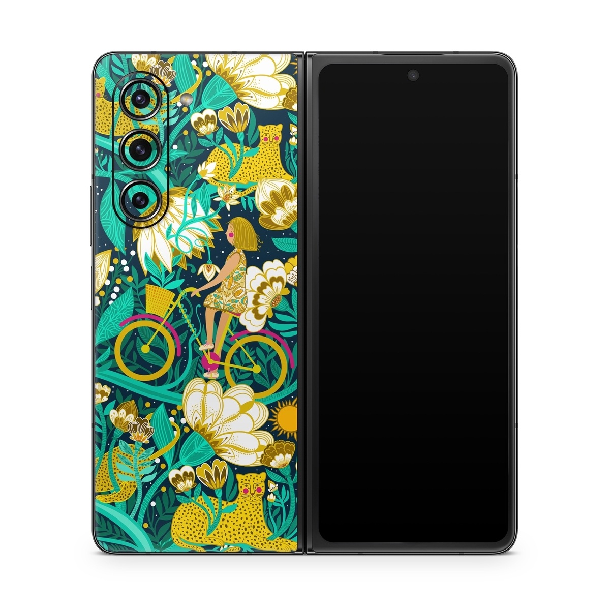 Samsung Galaxy Z Fold5 Skin design of Green, Rectangle, Plant, Aqua, Pattern, Electric blue, Art, Motif, Design, Visual arts, with green, black, blue, yellow, pink, white, red, brown colors