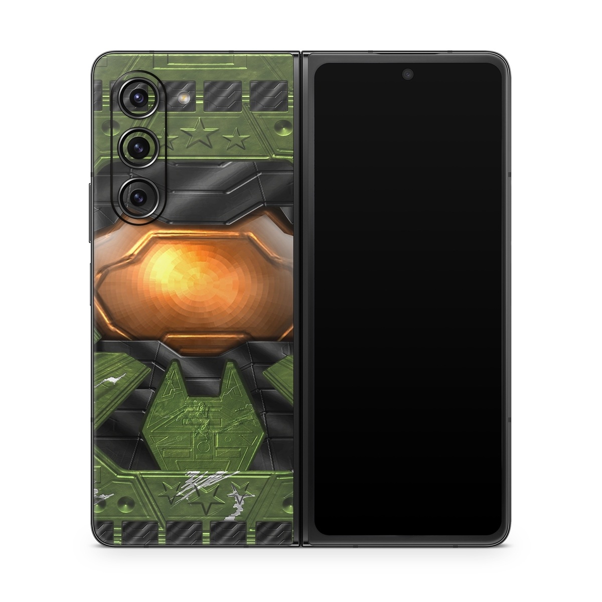 Samsung Galaxy Z Fold5 Skin design of Green, Fictional character, Games, Fiction, Pc game, Illustration, Strategy video game, Digital compositing, Art, Screenshot, with green, yellow, orange, black colors