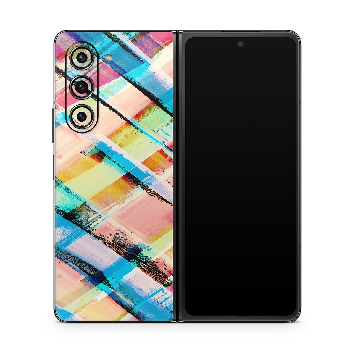 Samsung Galaxy Z Fold5 Skin design of Line, Pattern, Turquoise, Plaid, Orange, Colorfulness, Design, Textile, Tints and shades, with blue, pink, red, purple, yellow, orange colors