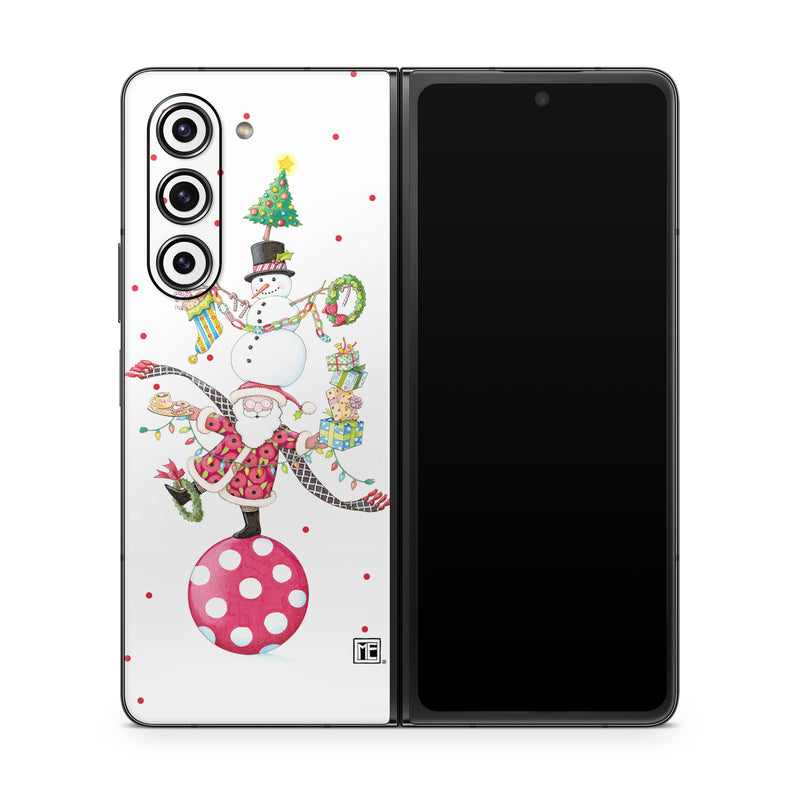 Samsung Galaxy Z Fold5 Skin design of Snowman, Holiday ornament, Christmas ornament, Creative arts, Christmas decoration, Ornament, Pattern, Event, Art, Circle, with white, red, yellow, green, orange, black, blue colors