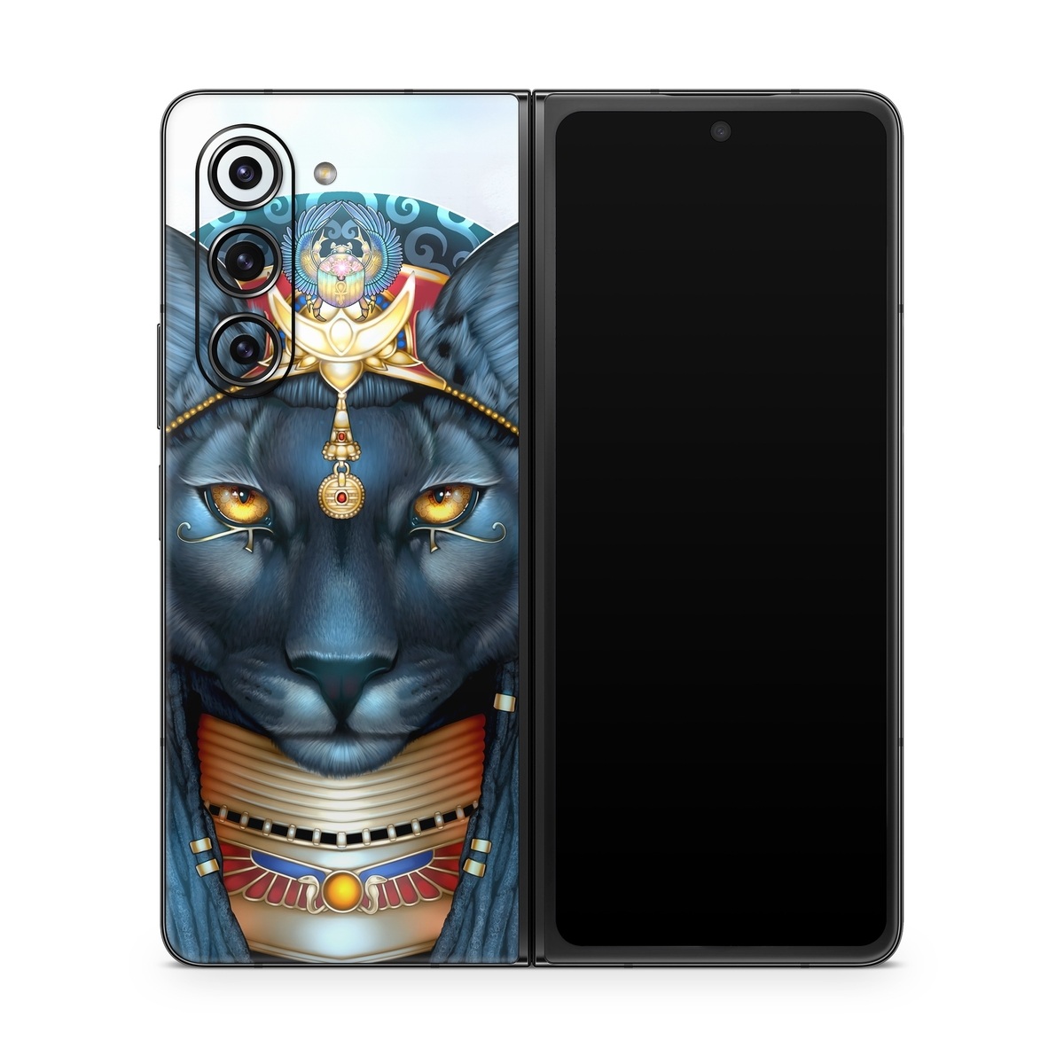 Samsung Galaxy Z Fold5 Skin design of Jaw, Font, Whiskers, Toy, Snout, Personal protective equipment, Fictional character, Electric blue, Graphics, Mask, with black, white, red, blue, yellow, orange colors