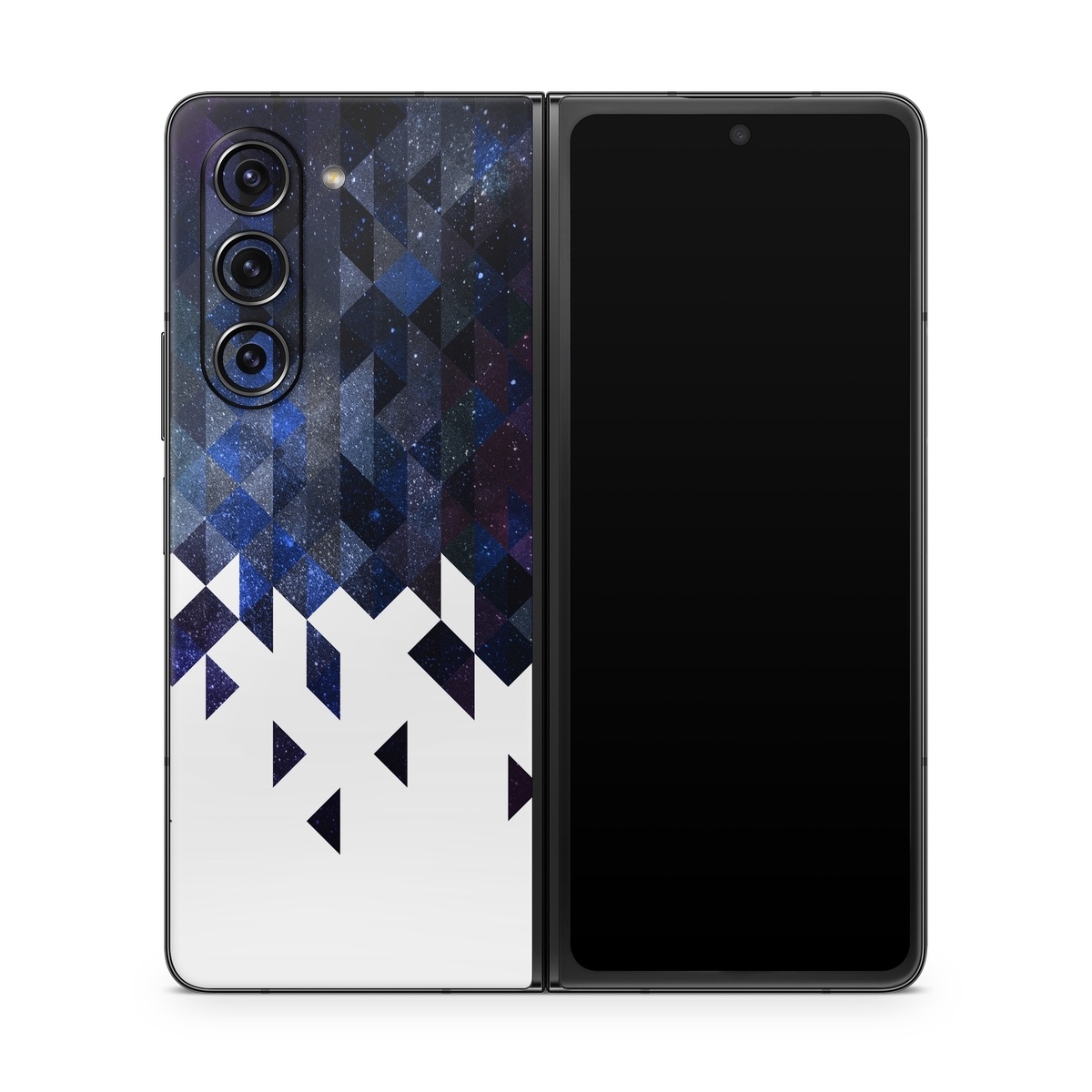 Samsung Galaxy Z Fold5 Skin design of Text, Pattern, Graphic design, Font, Purple, Design, Line, Triangle, Logo, Graphics, with black, blue, white colors