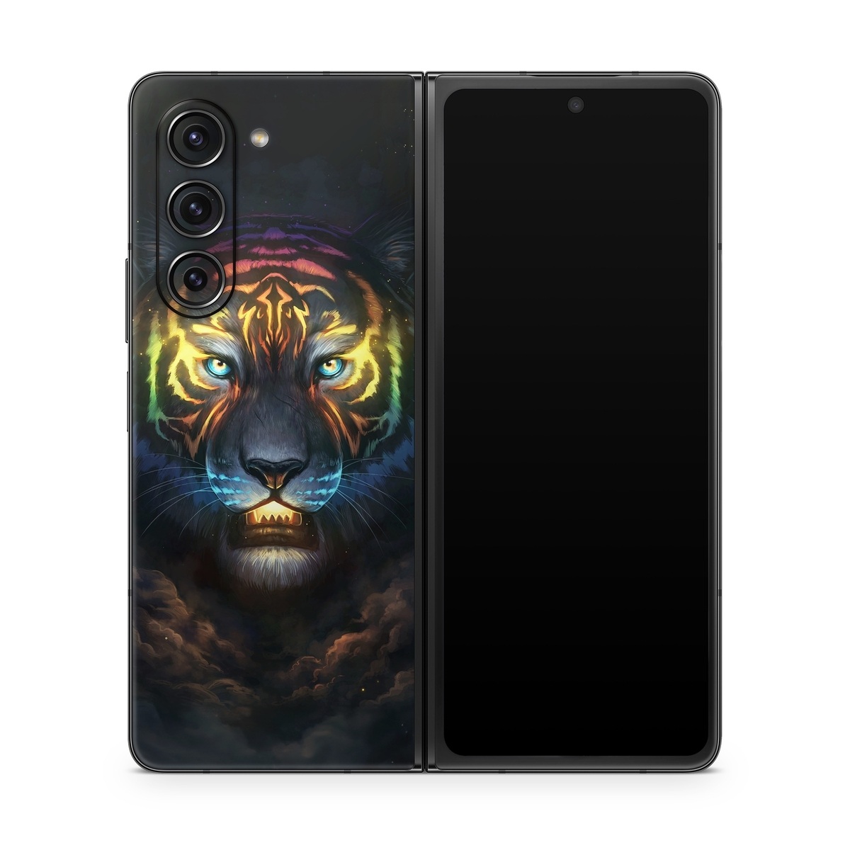 Samsung Galaxy Z Fold5 Skin design of Felidae, Vertebrate, Carnivore, Organism, Painting, Roar, Bengal tiger, Big cats, Art, Whiskers, with black, yellow, orange, red, green, purple, blue colors