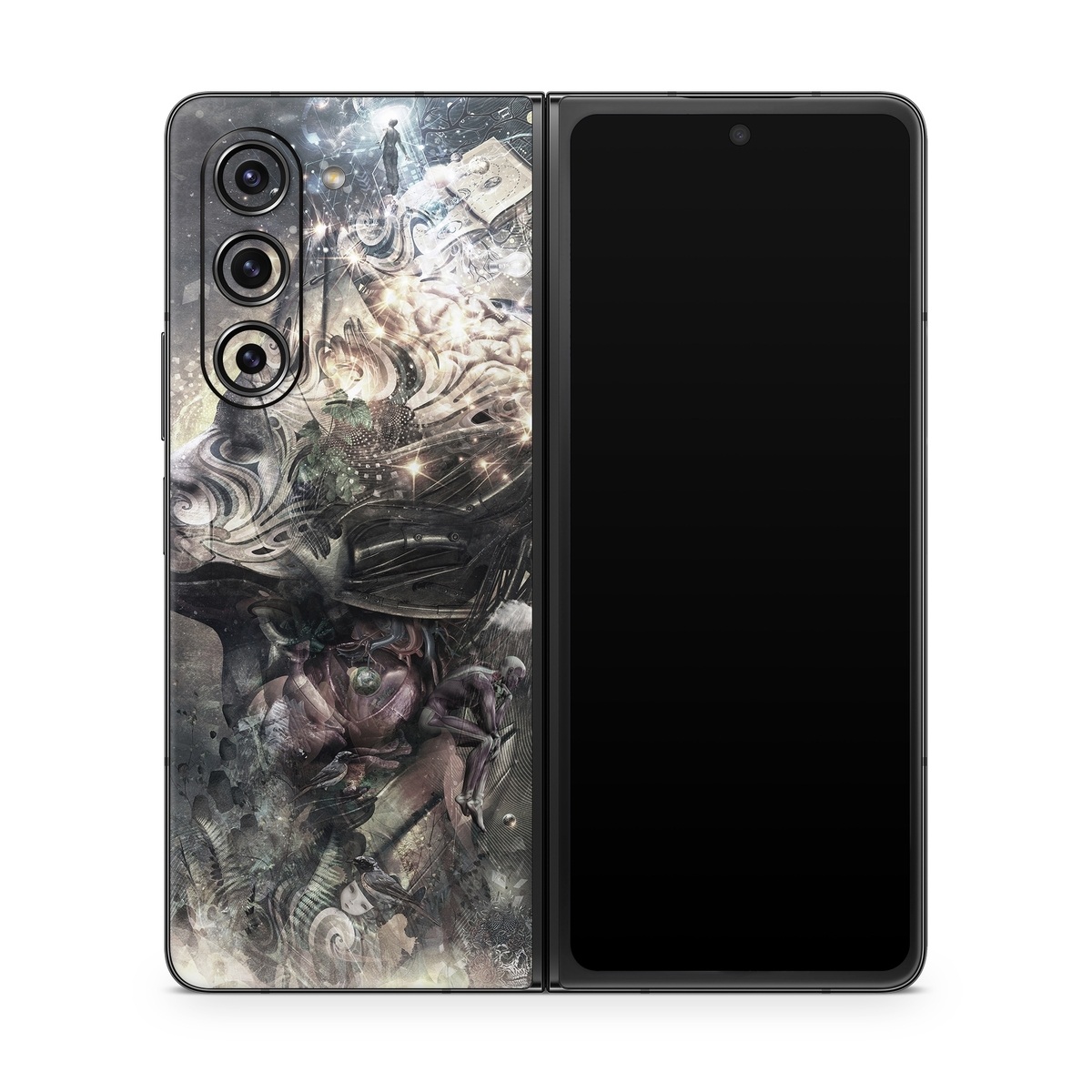 Samsung Galaxy Z Fold5 Skin design of Space, Cg artwork, Art, Sky, Darkness, Illustration, Graphic design, Outer space, Graphics, Animation, with white, black, gray, yellow colors