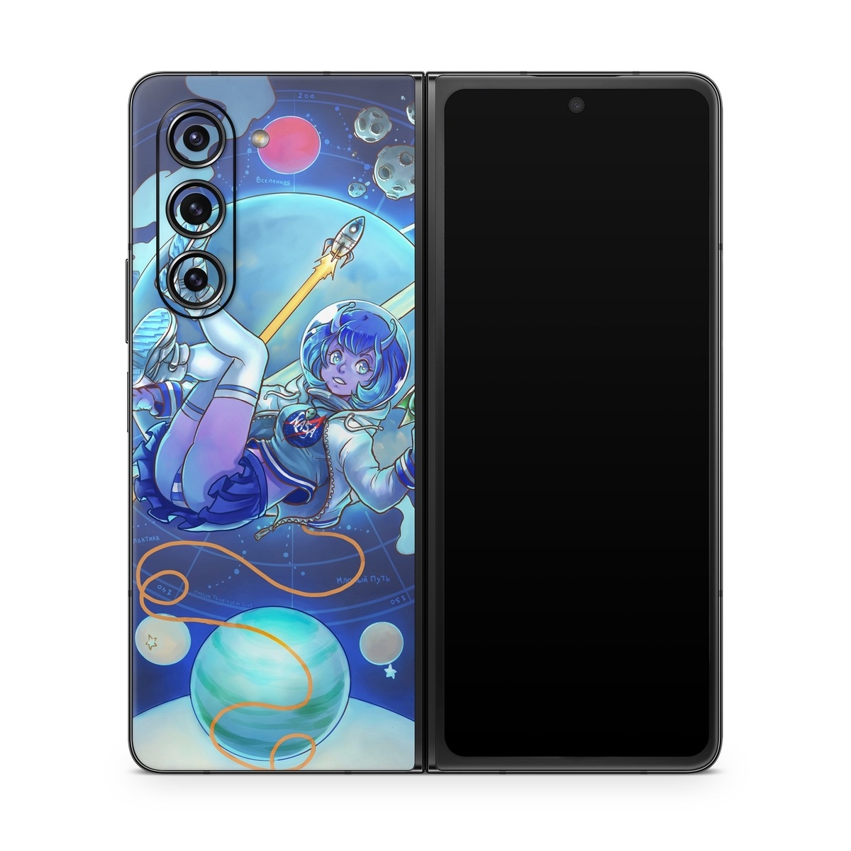 Samsung Galaxy Z Fold5 Skin design of Cartoon, Illustration, Graphic design, Games, Space, Design, Anime, Art, Graphics, Fictional character, with blue, white, yellow, purple, green, red, orange, black colors